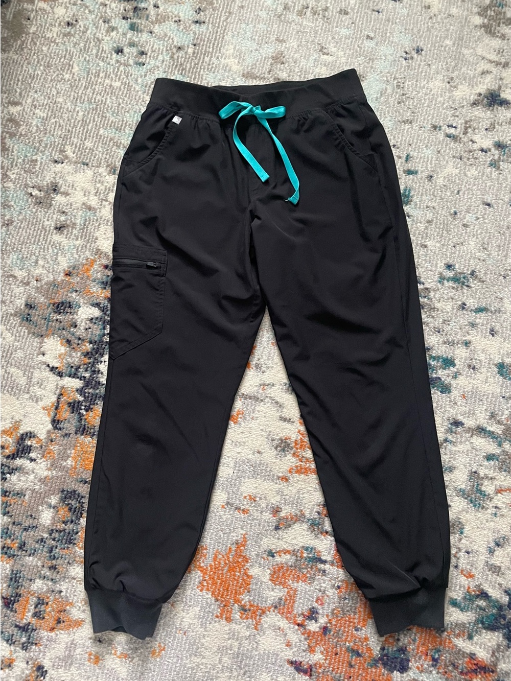 Figs Zamora FREEx lined Jogger Pants in Black with Teal Drawstring